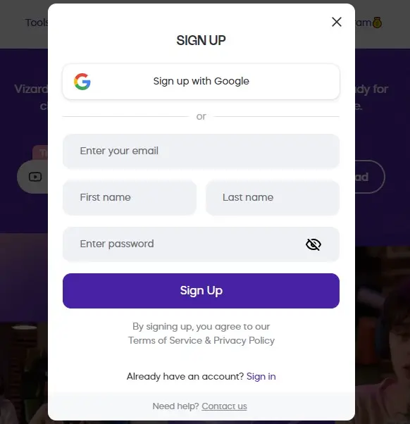 vizard-ai-signup